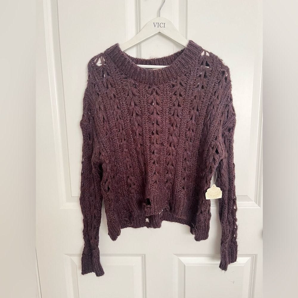 NWT Altar'd State Purple Crew Neck Sweater Distressed Knit Design